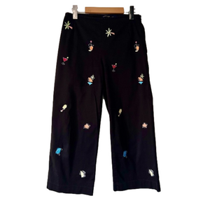 E-col-o-gie black  embroidred  pants  size 8 cotton vacation print